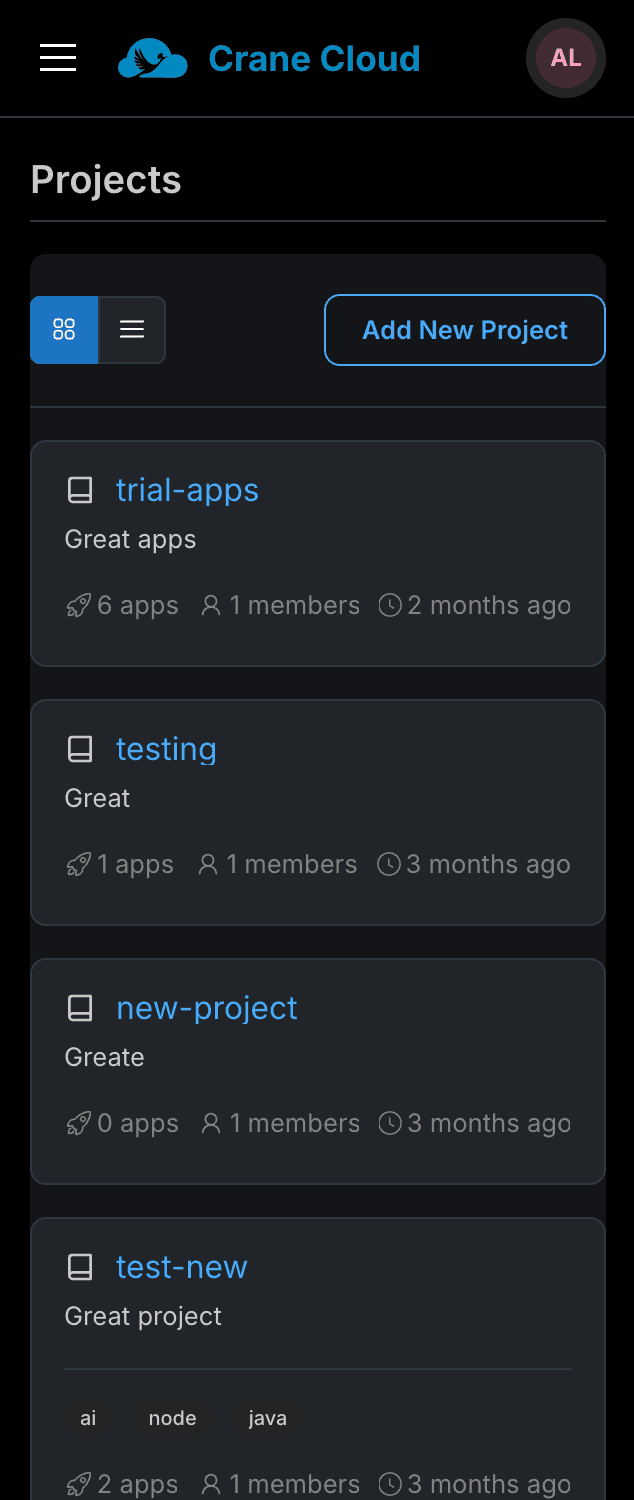 CraneCloud dashboard